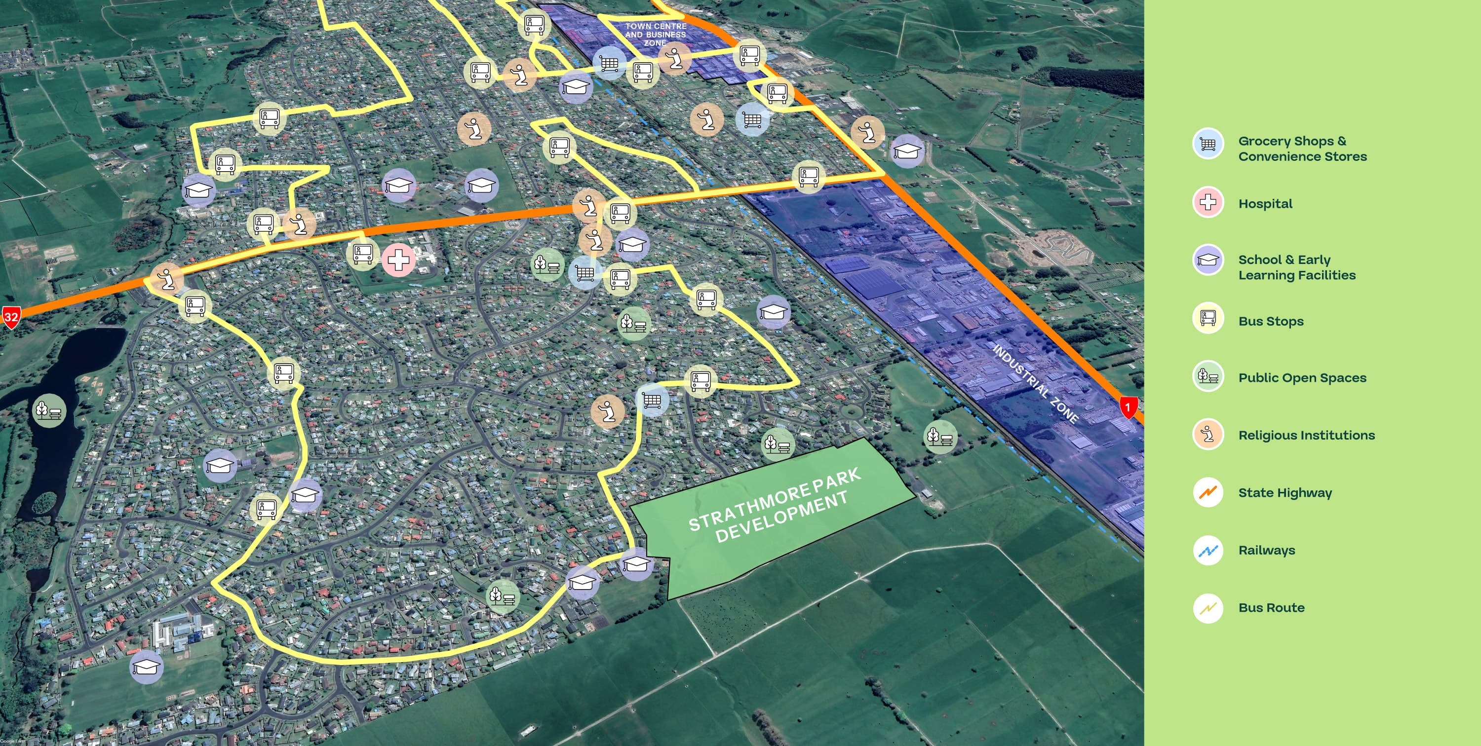 Strathmore Park location map showing Tokoroa town centre, hospital, schools, bus routes, and the development site